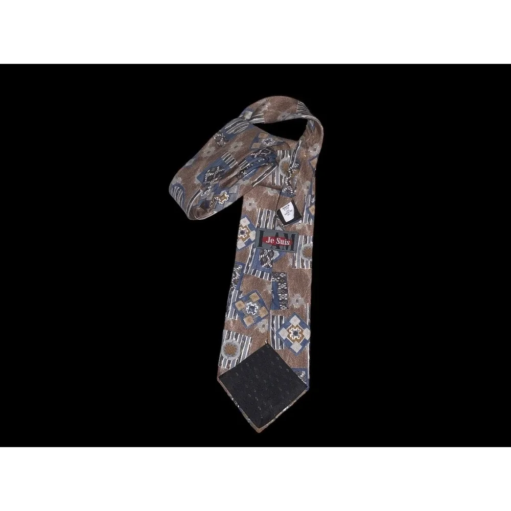 I Am Je Suis Tie‎ Brown & Blue Geometric Print 100% Imported Silk